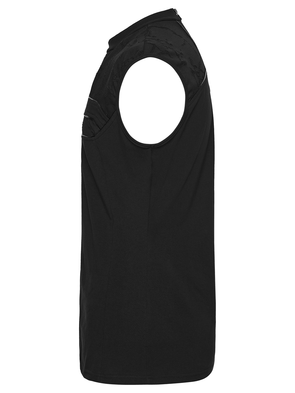 Punk Black Minimalist Cross Sleeveless Gothic Top showing side view with faux leather trim and structured design.
