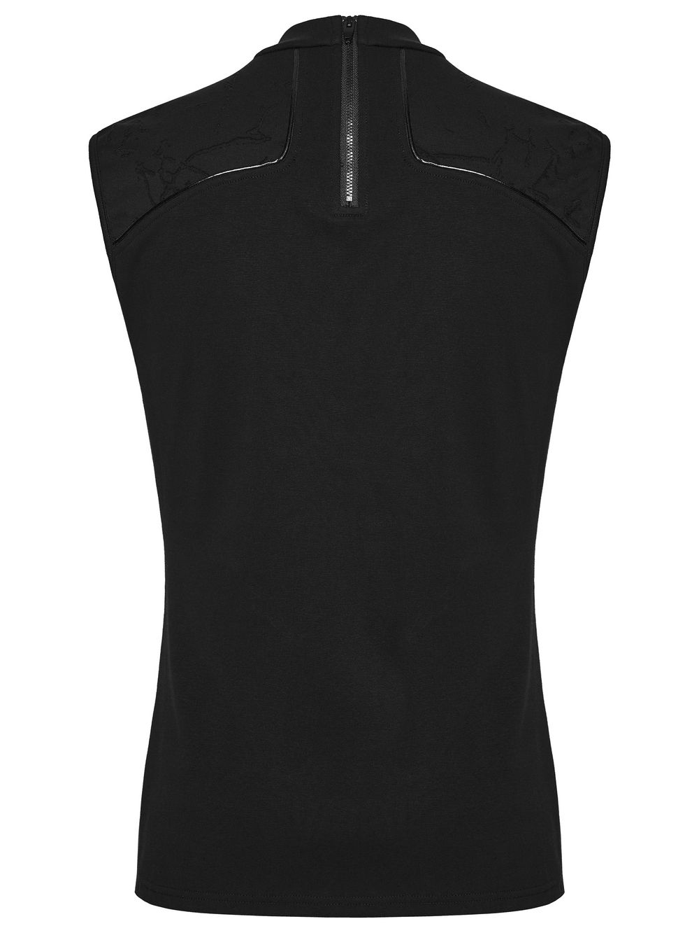 Punk Black Minimalist Cross Sleeveless Gothic Top with sleek back design and zipper detail.