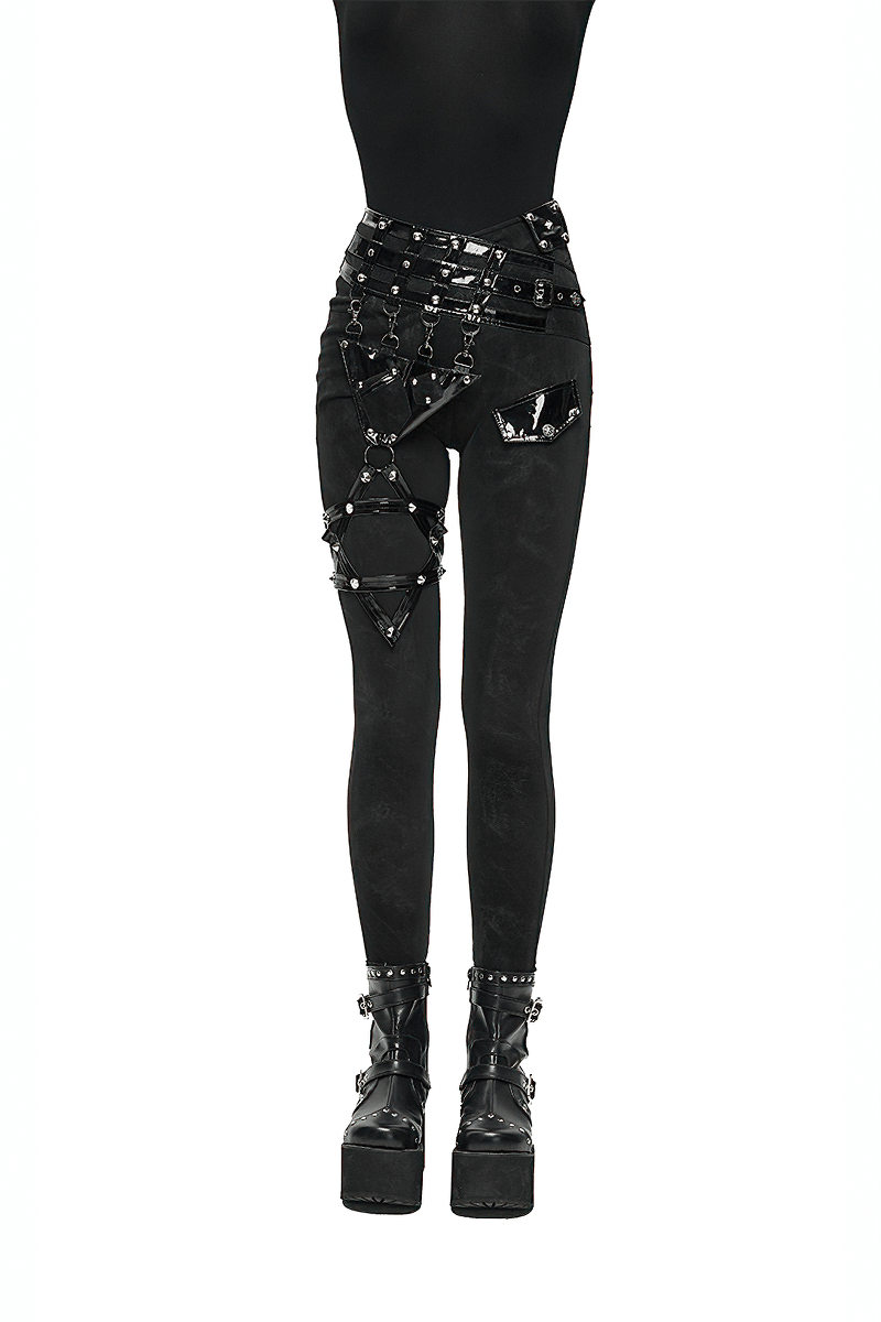 Punk Black Pants with Pentagram Harness Belts / Zipper Trousers with Vinil Pockets for Women - HARD'N'HEAVY