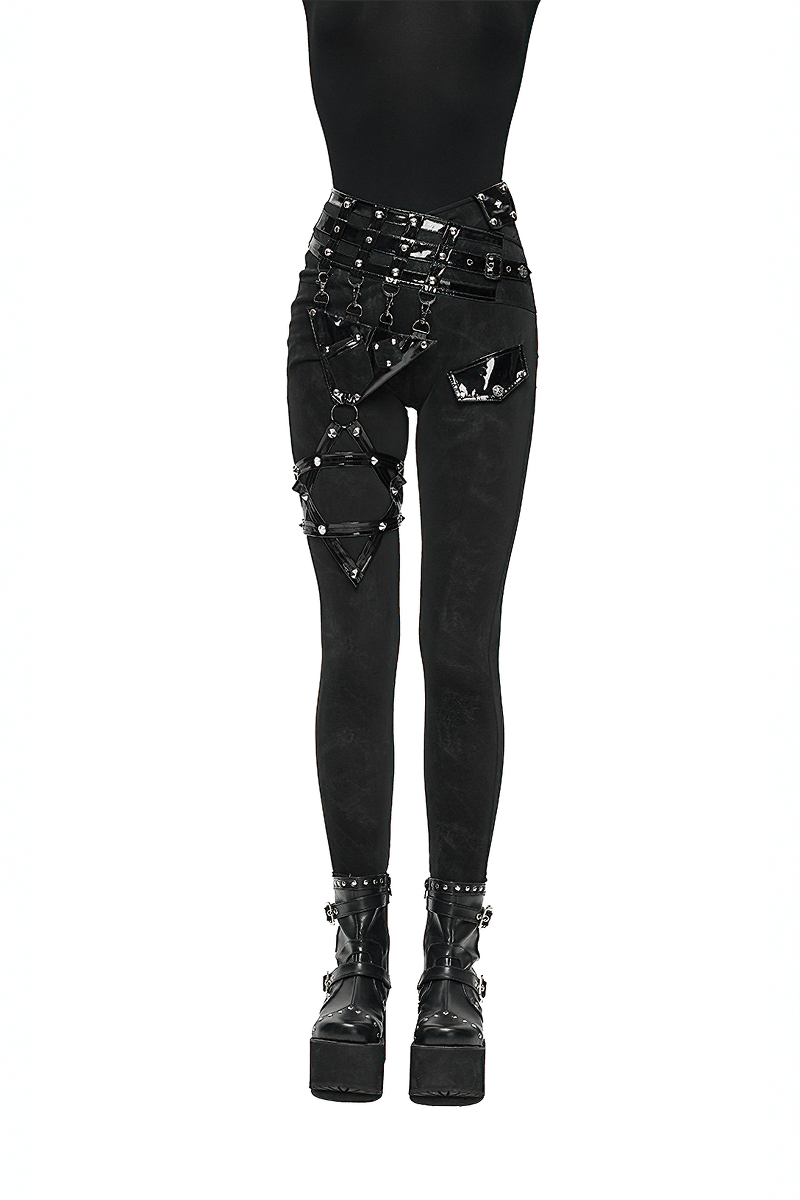 Punk black pants with pentagram harness belts and zipper, featuring PU leather pockets for women.
