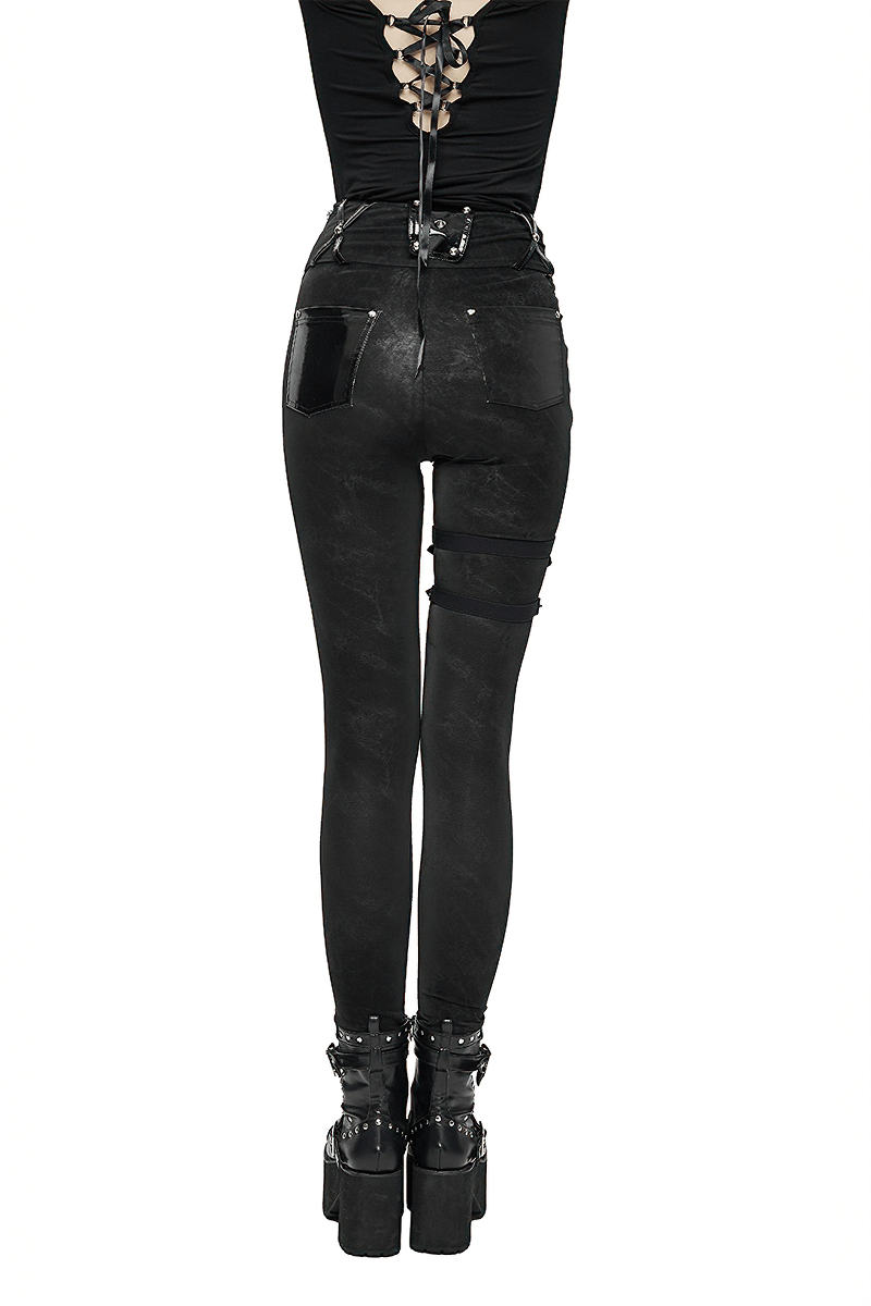 Punk Black Pants with Pentagram Harness Belts / Zipper Trousers with Vinil Pockets for Women - HARD'N'HEAVY