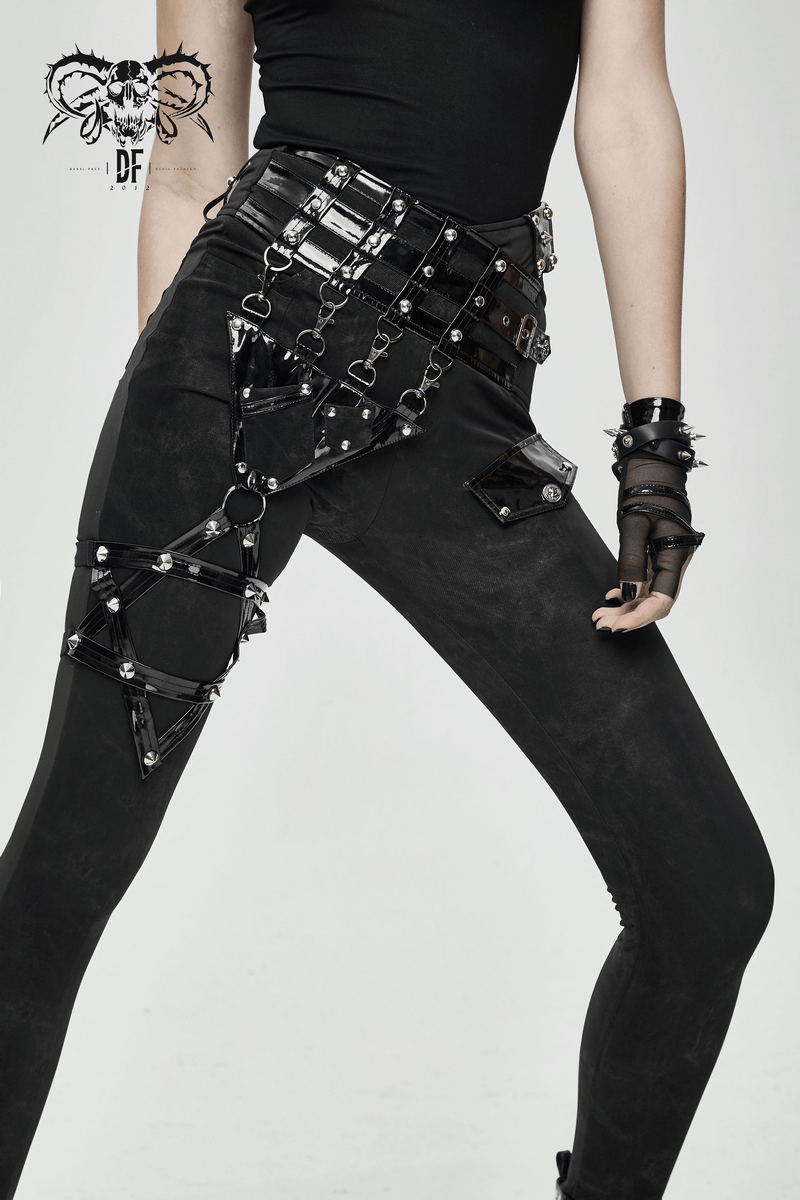 Punk black pants with pentagram harness belts and vinyl pockets for women, stylish and edgy, perfect for a punk fashion statement.