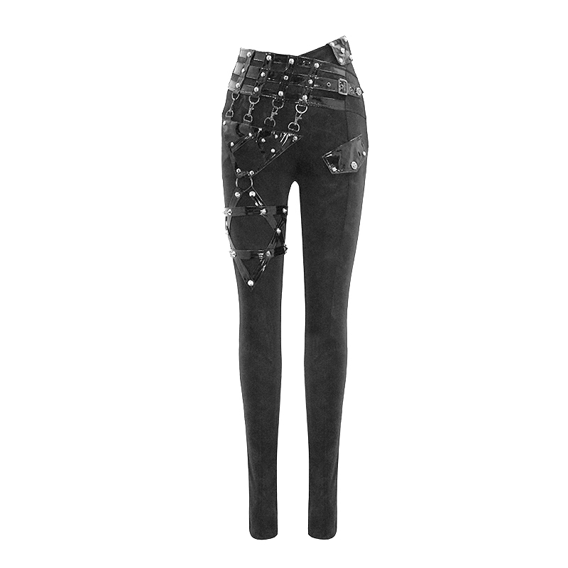 Punk Black Pants with Pentagram Harness Belts / Zipper Trousers with Vinil Pockets for Women - HARD'N'HEAVY