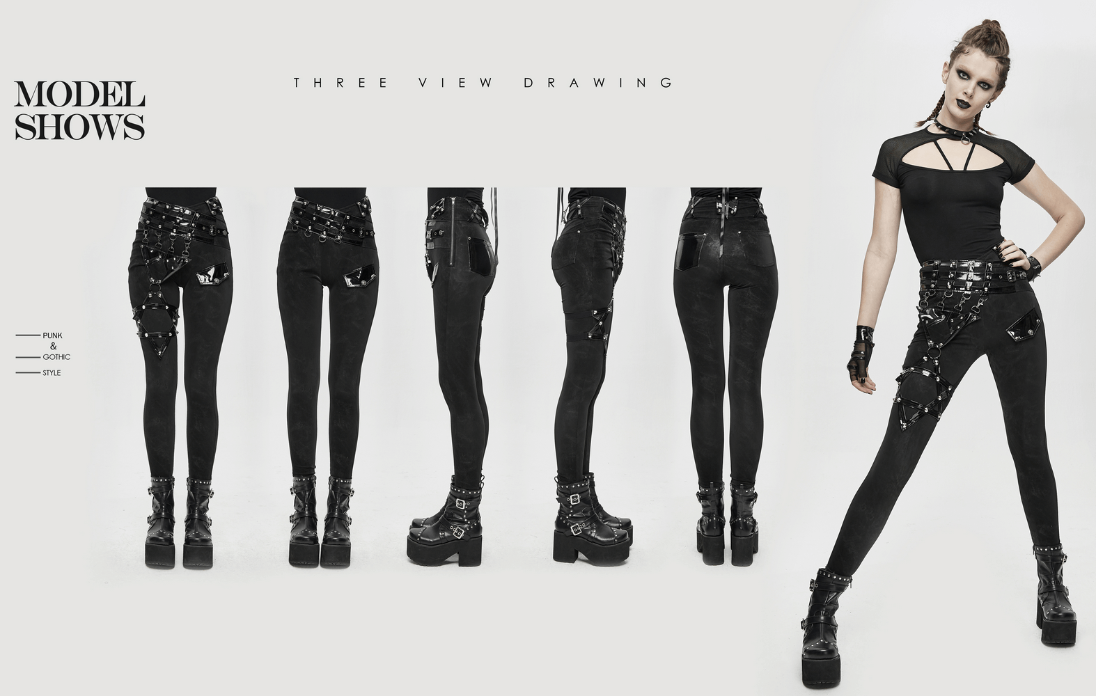 Three-view display of punk black pants with pentagram harness belts and zipper, showcasing stylish design and fit.