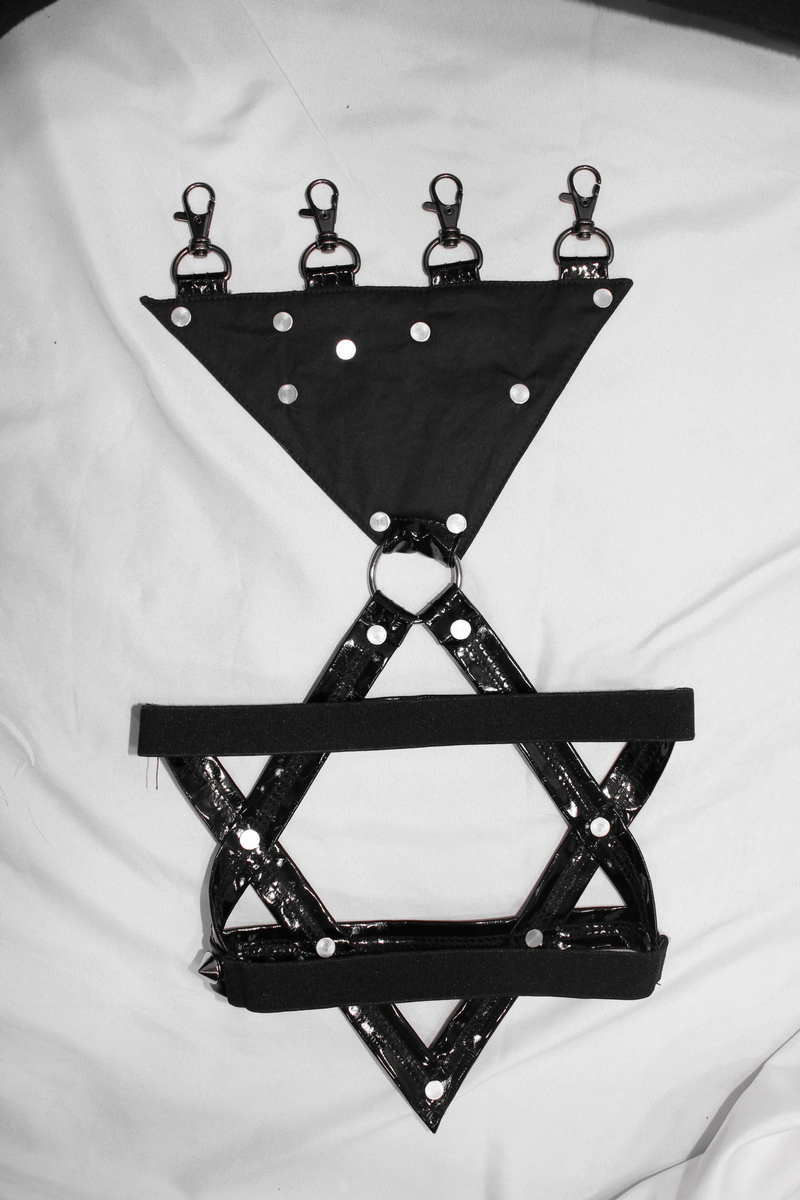 Punk pentagram harness belt in black with metallic accents and clips, perfect accessory for edgy fashion.