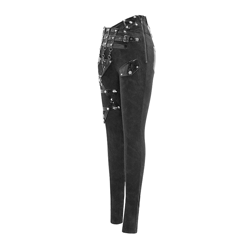 Punk black pants with pentagram harness belts and zipper, featuring vinyl pockets and metal rivets for a bold women's style.