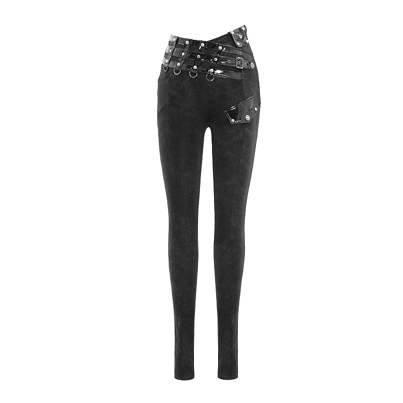 Punk Black Pants with Pentagram Harness Belts / Zipper Trousers with Vinil Pockets for Women - HARD'N'HEAVY