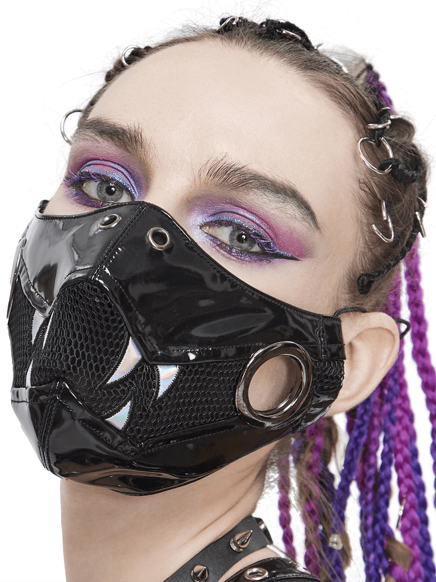 Punk Black PU Leather and Net Mask With Light Fang / Women's Holographic Gothic Face Mask - HARD'N'HEAVY