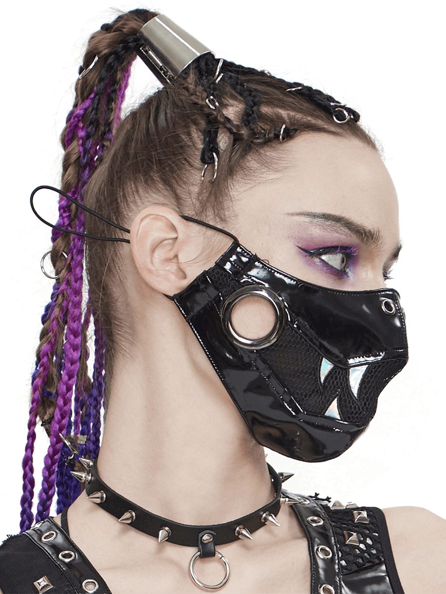 Punk Black PU Leather and Net Mask With Light Fang / Women's Holographic Gothic Face Mask - HARD'N'HEAVY