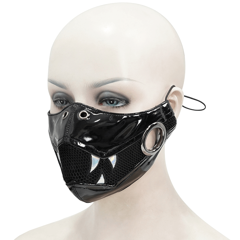 Punk Black PU Leather and Net Mask With Light Fang / Women's Holographic Gothic Face Mask - HARD'N'HEAVY