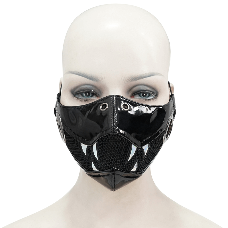 Punk Black PU Leather and Net Mask With Light Fang / Women's Holographic Gothic Face Mask - HARD'N'HEAVY