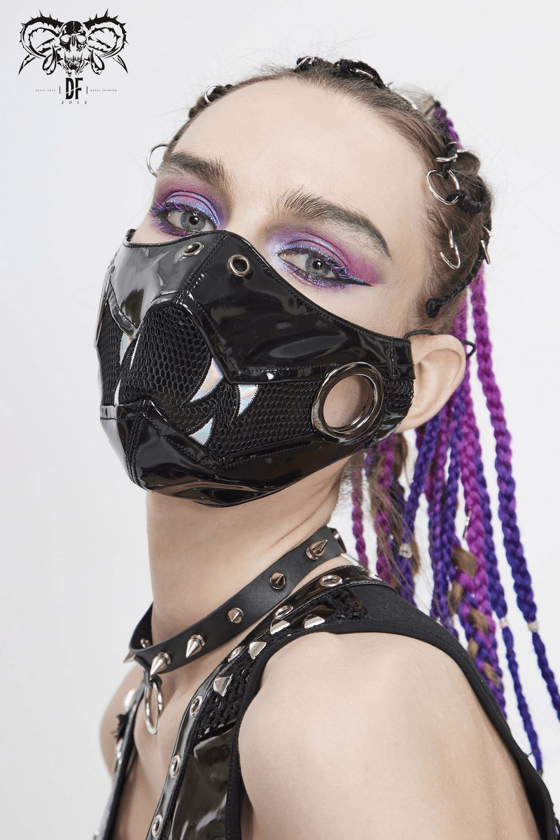 Punk Black PU Leather and Net Mask With Light Fang / Women's Holographic Gothic Face Mask - HARD'N'HEAVY