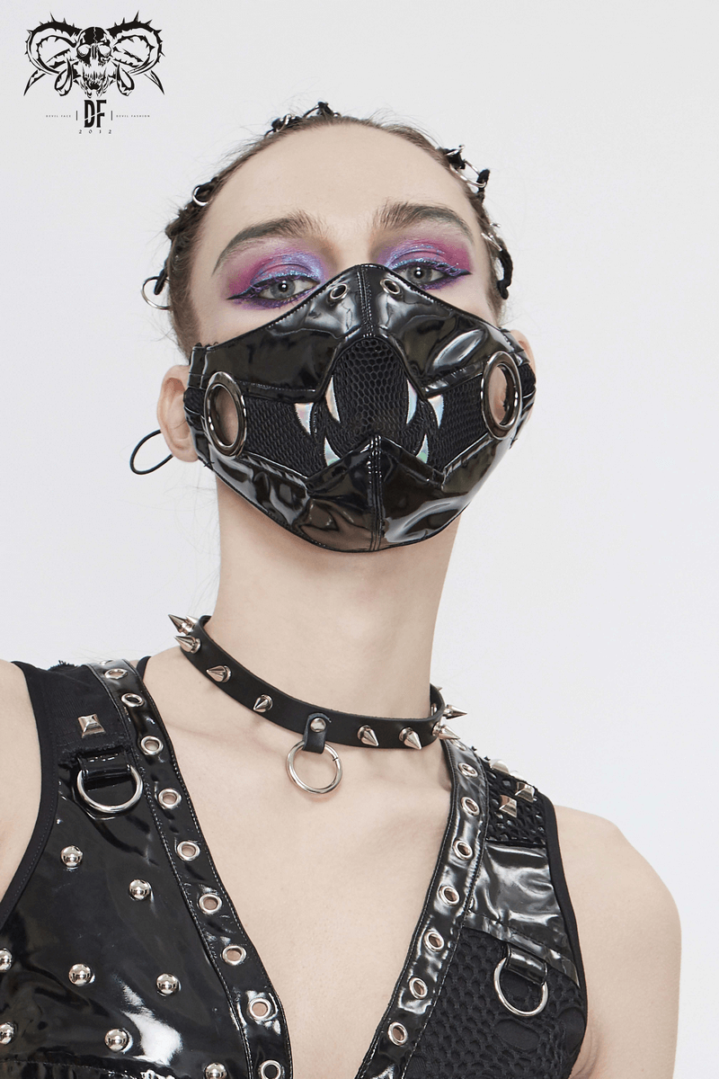 Punk Black PU Leather and Net Mask With Light Fang / Women's Holographic Gothic Face Mask - HARD'N'HEAVY