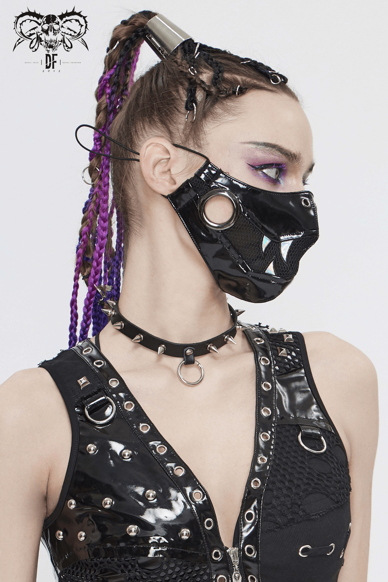 Punk Black PU Leather and Net Mask With Light Fang / Women's Holographic Gothic Face Mask - HARD'N'HEAVY