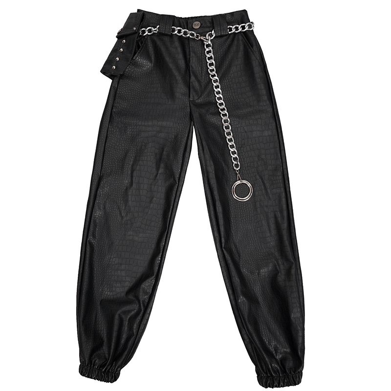 Punk black PU leather cargo pants with thick metal chain and small waistbag for stylish women's fashion.