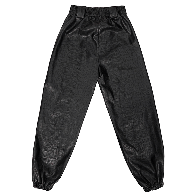 Punk black PU leather cargo pants with elastic ankle cuffs, stylish and comfortable women's trousers.