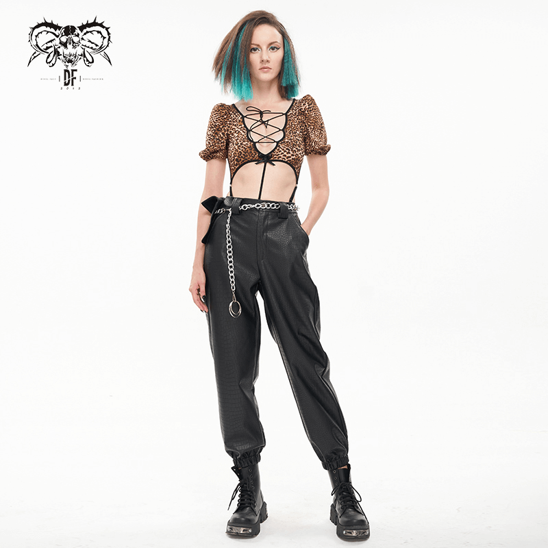 Punk black PU leather cargo pants with thick metal chain and waistbag, styled for bold women's fashion.