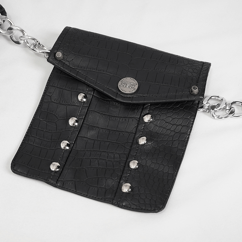 Black PU leather waistbag with metal chain and studded details, perfect for punk fashion looks and everyday style.