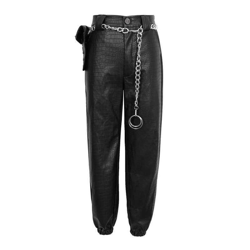 Punk black PU leather cargo pants with thick metal chain and small waist bag, stylish women's trousers for a bold look.