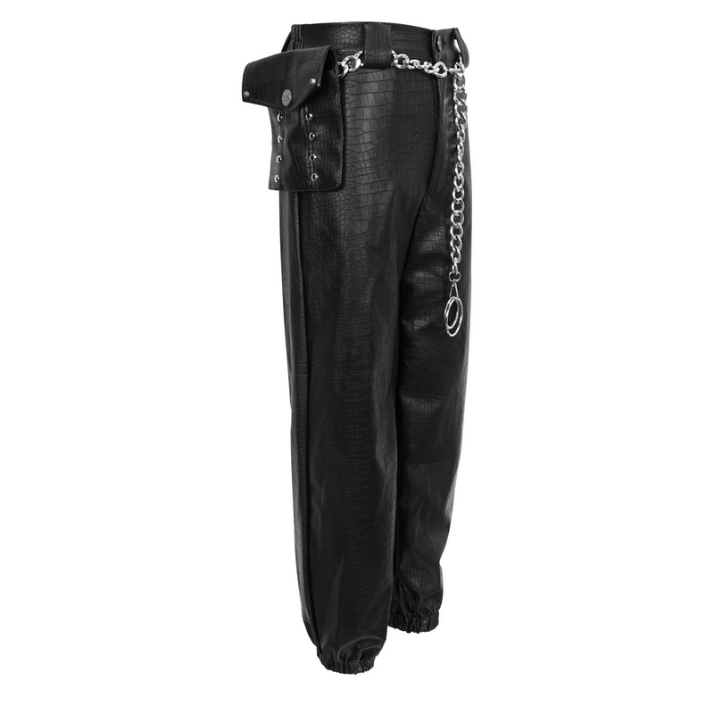Punk black PU leather cargo pants with thick metal chain and small waistbag, stylish and comfortable women's trousers.