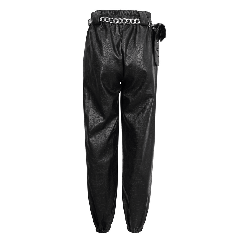 Back view of women's black PU leather cargo pants with elastic waist and thick metal chain for punk style.