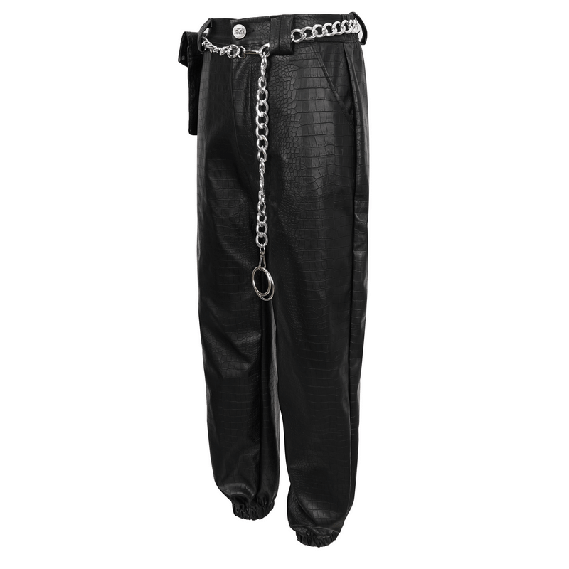 Punk black PU leather cargo pants featuring a thick metal chain and stylish waistbag, perfect for a trendy look.