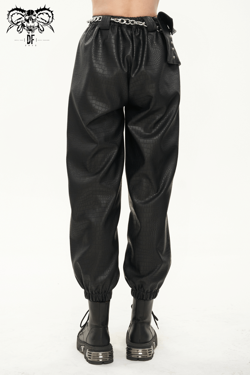 Back view of women's punk black PU leather cargo pants with a thick metal chain and stylish waistbag.