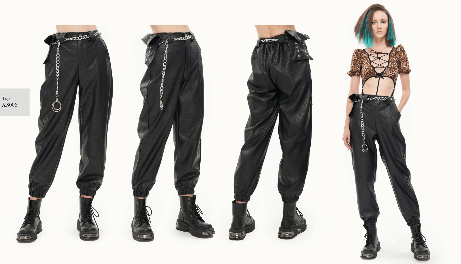 Stylish women's punk black PU leather cargo pants featuring a thick metal chain and a small waistbag for a bold look.