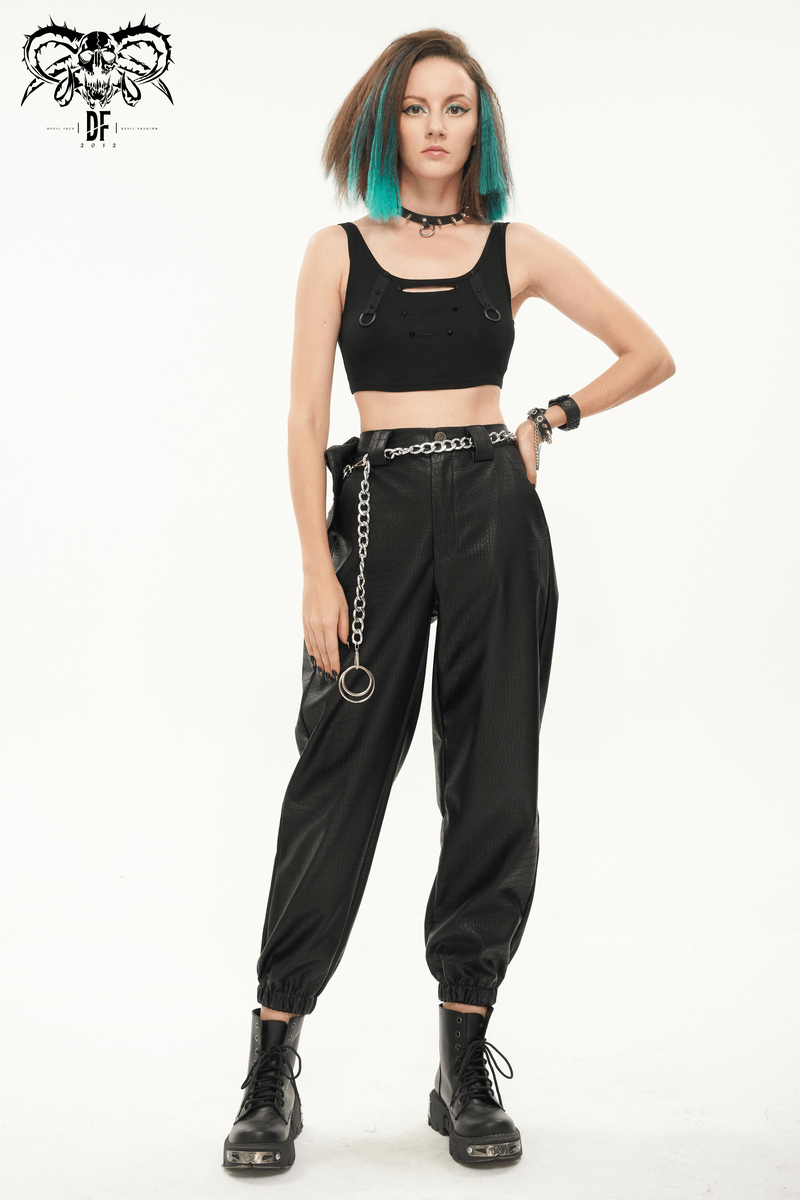 Punk black PU leather cargo pants with metal chain and waistbag, stylish women's trousers, perfect for edgy fashion.