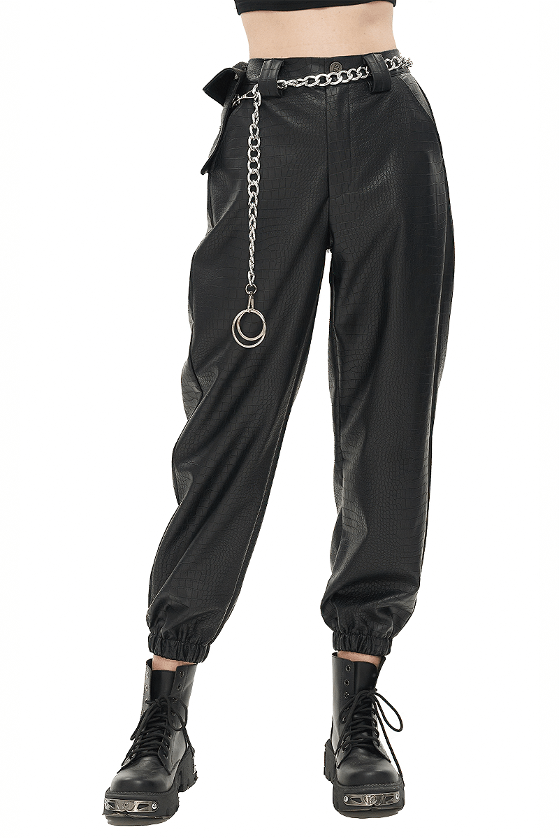 Punk Black PU Leather Cargo Pants / Women's Trousers with Thick Metal Chain & Small Waistbag - HARD'N'HEAVY