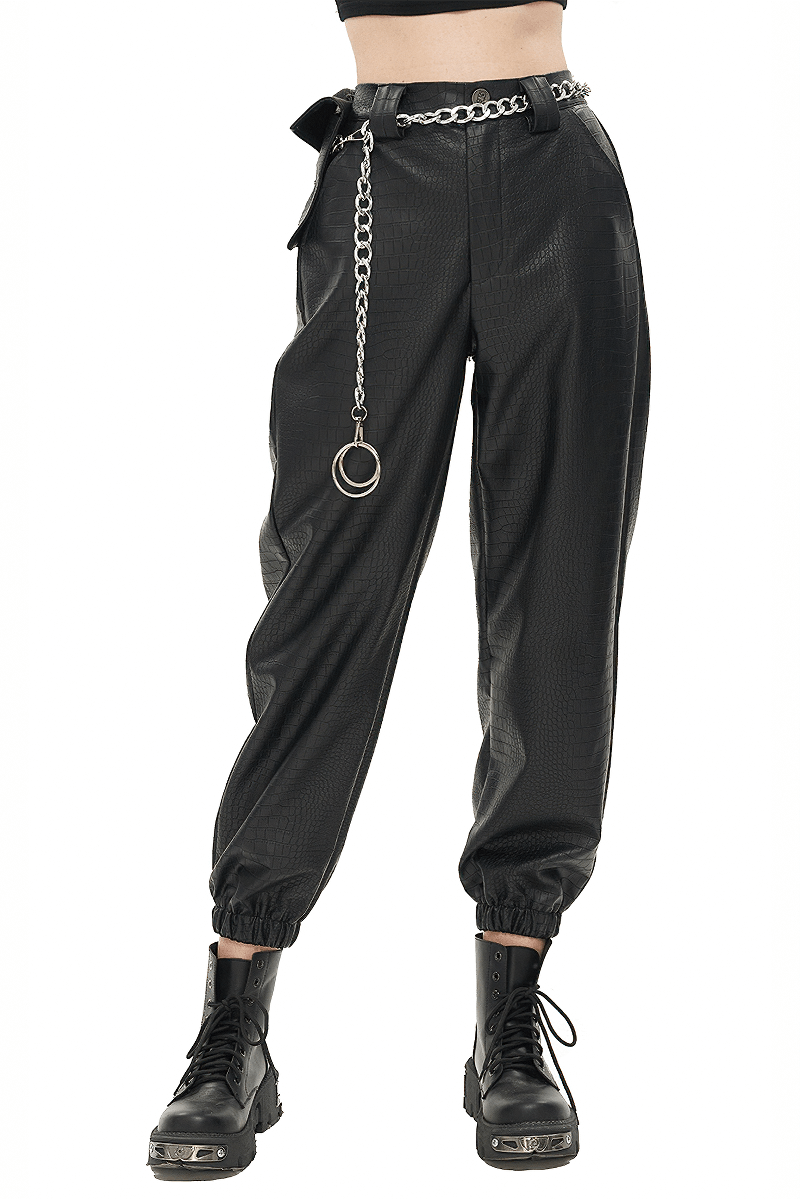 Punk black PU leather cargo pants with thick metal chain and stylish waistbag, perfect for a trendy look.
