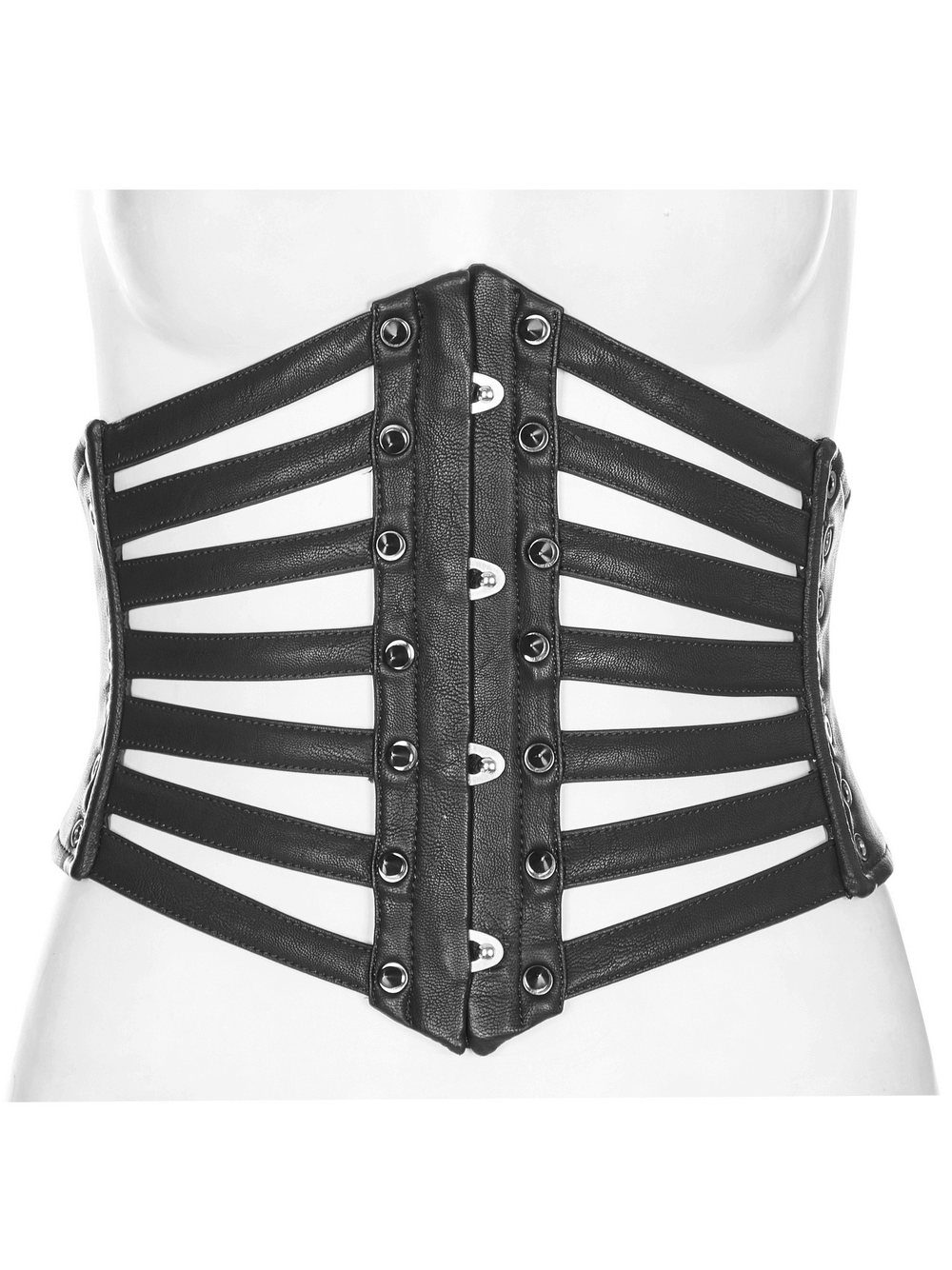 Punk black PU leather waist girdle featuring adjustable lacing and bold metal buckles for a striking look.