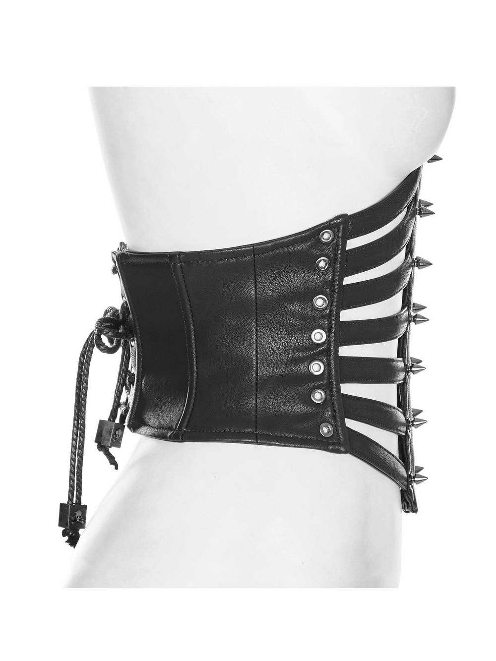 Punk black PU waist girdle with metal spikes and adjustable lacing for a bold, edgy style.