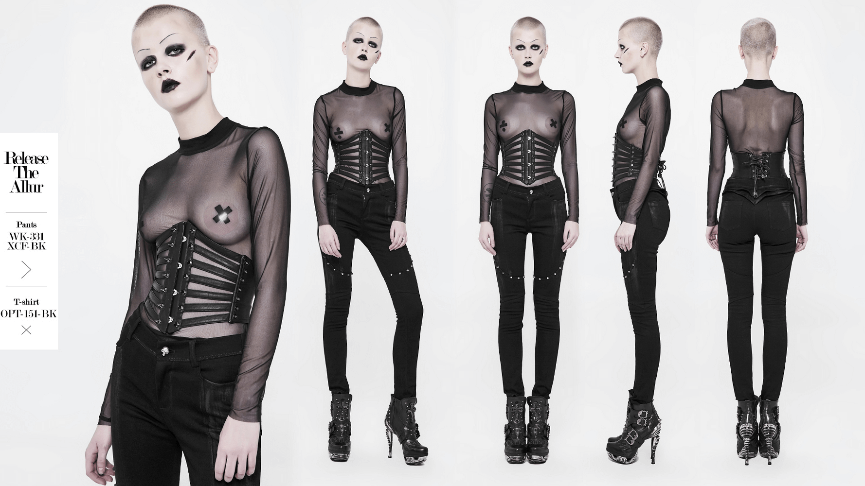 Fashion model showcasing punk-inspired sheer top and corset with lacing and bold black pants in edgy style.