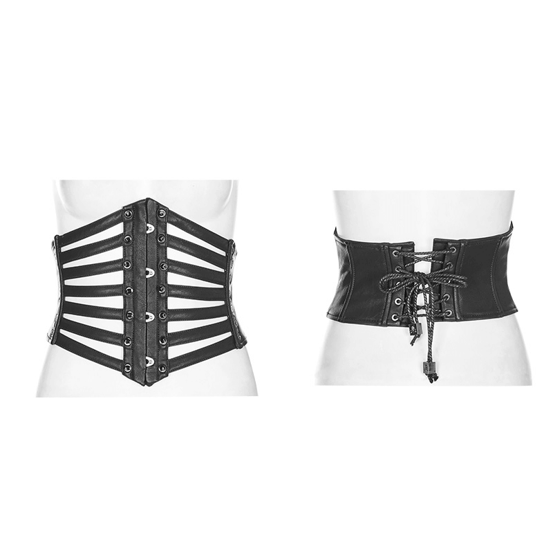 Punk black PU waist girdle with metal corn spikes and adjustable lacing for a bold look.