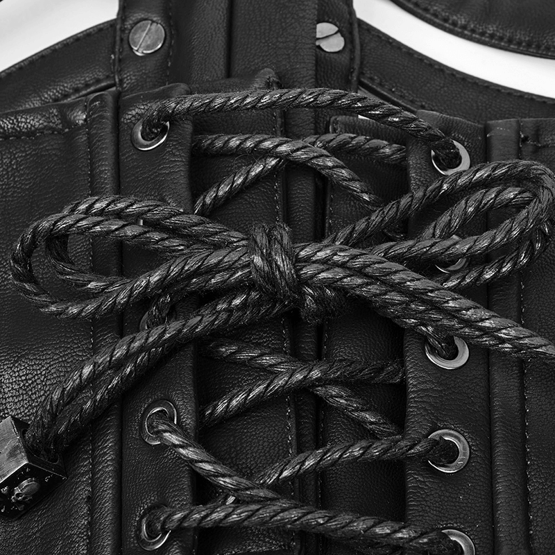 Close-up of adjustable black lacing on a punk-inspired PU leather girdle, showcasing intricate detailing.