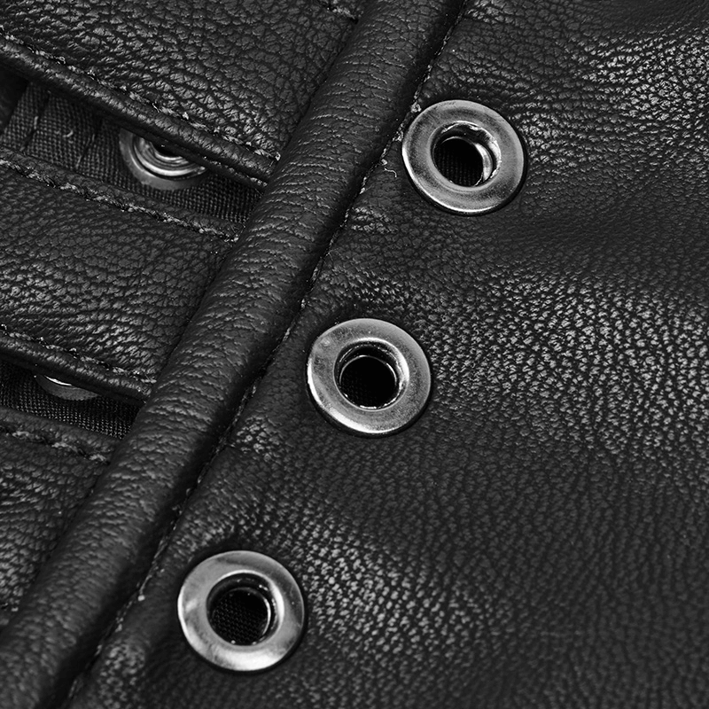 Close-up of black PU leather with metal eyelets for lacing, showcasing a punk-inspired design.