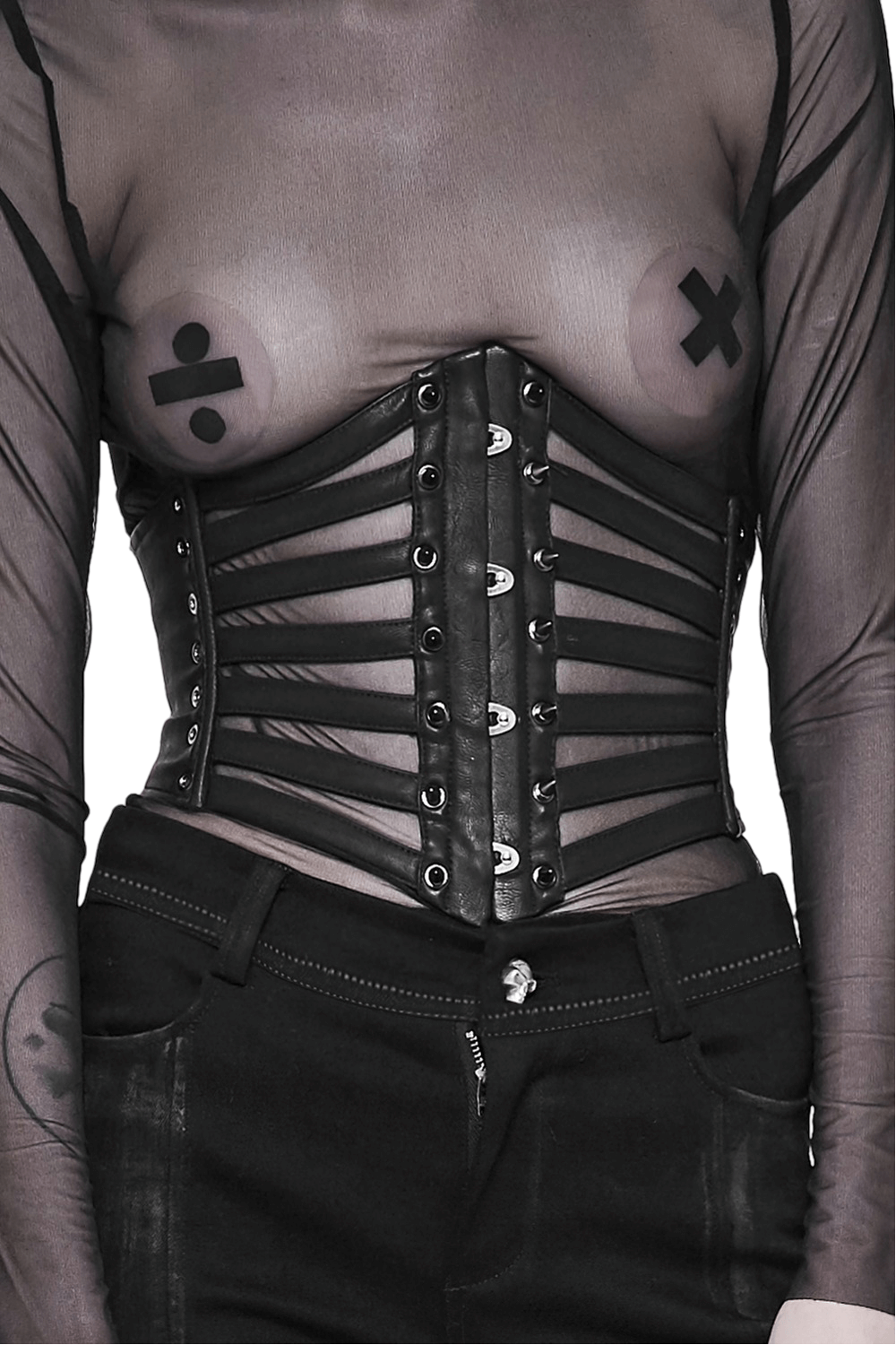 Punk black PU leather waist girdle with metal spikes and lacing for an edgy look.