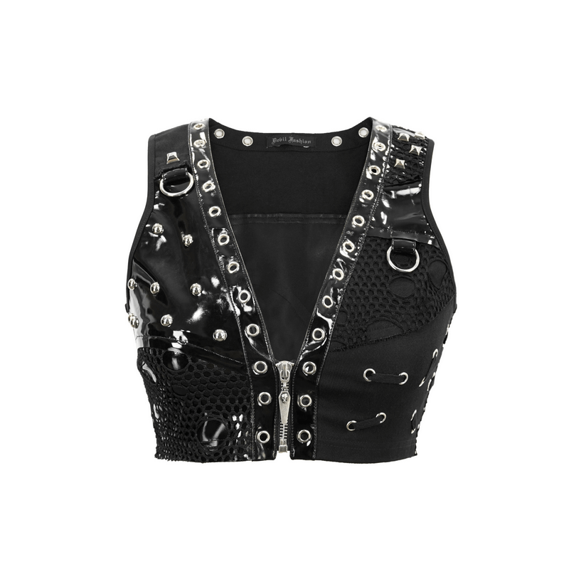 Punk black sleeveless top with mesh and rivets, featuring a stylish V-neck and zipper for a trendy look.