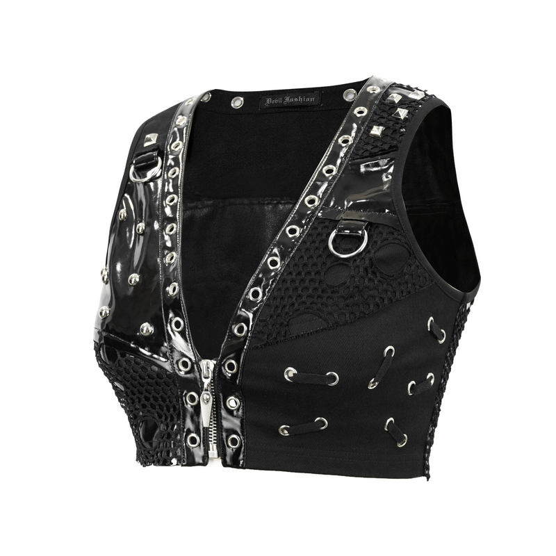 Punk black cropped sleeveless top with mesh and rivets for a bold fashion statement.