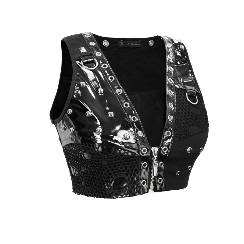 Black punk short top with mesh and rivets, featuring a sleeveless V-neck and zipper, perfect for a trendy look.