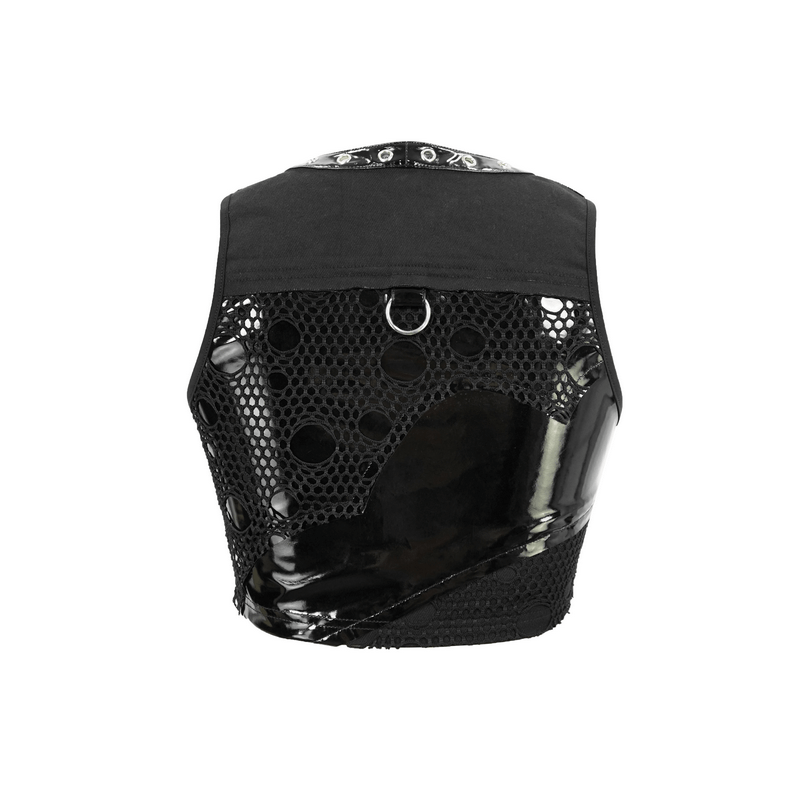 Women's punk black short top with mesh back and silver rivets, stylish sleeveless design.