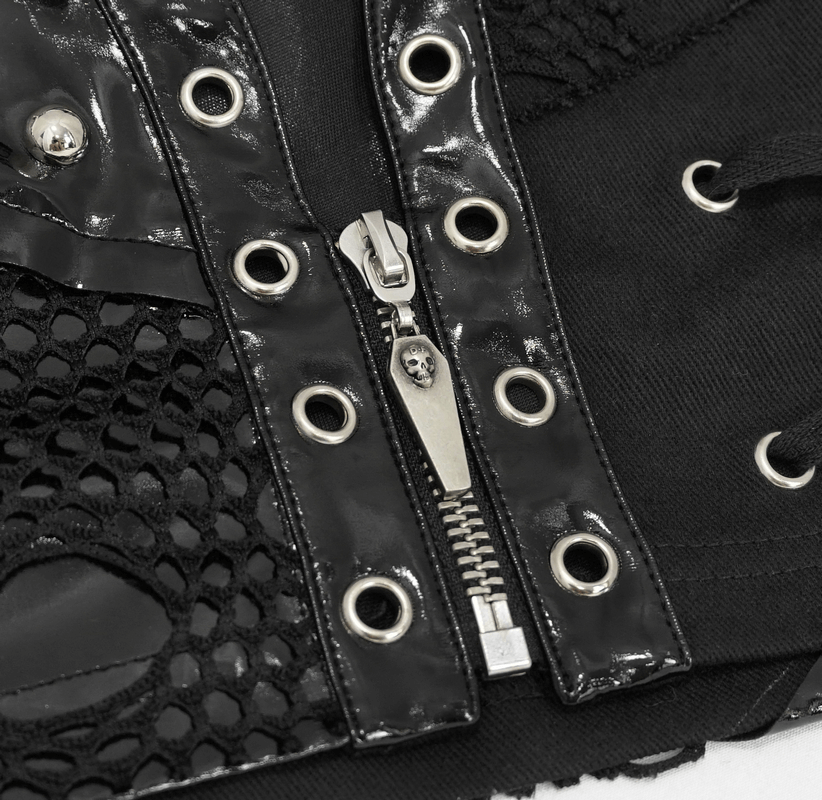 Close-up of a punk black sleeveless top with mesh and silver rivet details, showcasing a stylish zipper closure.