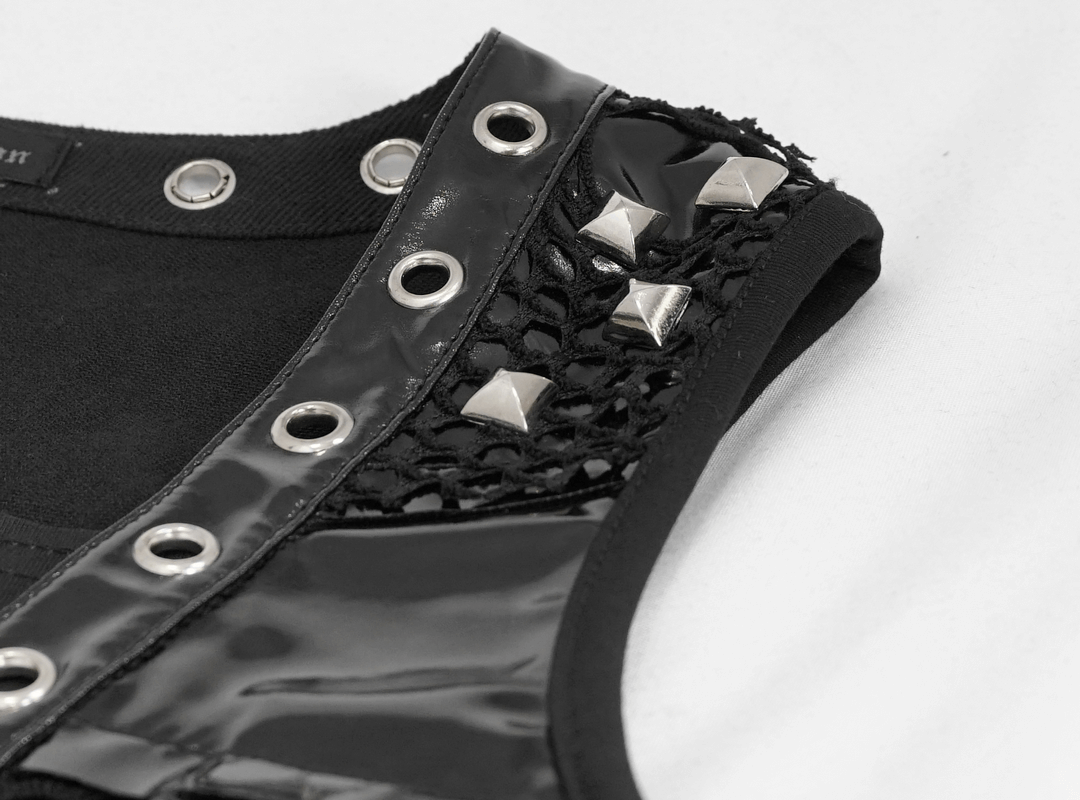 Close-up of a black sleeveless women's top featuring metal rivets and mesh detailing, showcasing punk fashion style.
