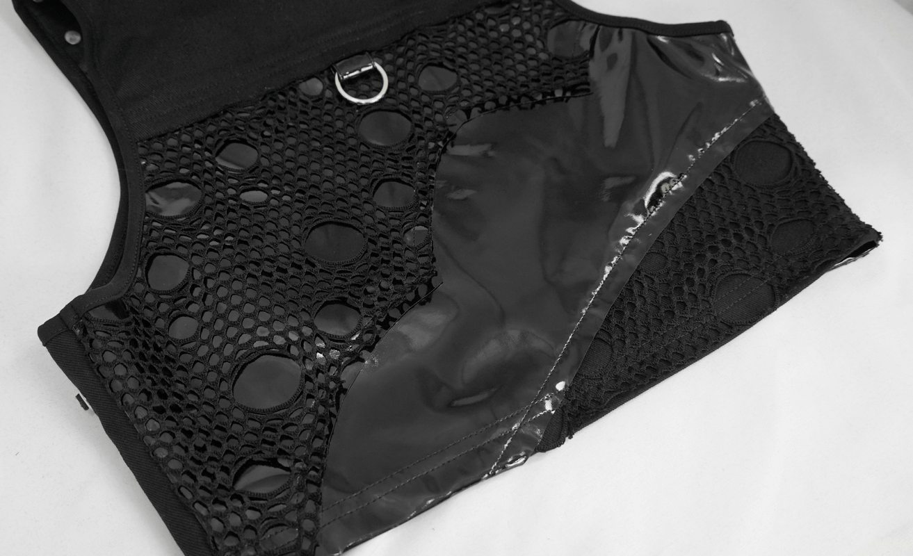 Close-up of a punk black sleeveless top with mesh and glossy accents, perfect for a trendy women's wardrobe.