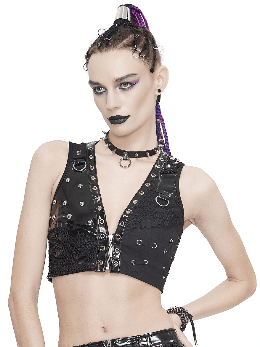 Fashionable women's punk black sleeveless top with rivets and mesh, perfect for edgy style and trendy outfits.