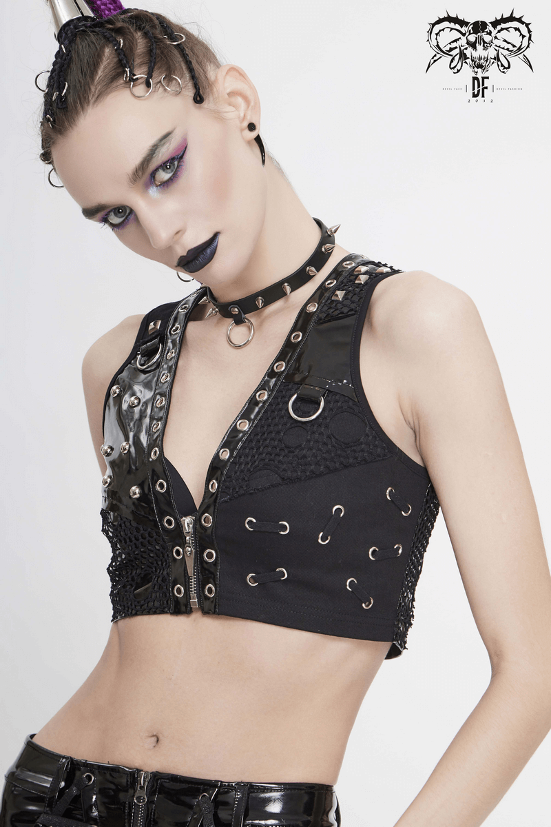Punk black sleeveless crop top with rivets and mesh detailing, perfect for edgy fashion lovers.