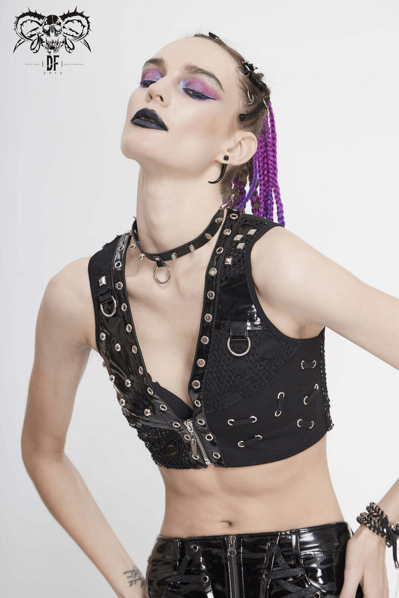 Punk black sleeveless top with mesh and rivets, showcasing a stylish cropped design for a trendy look.