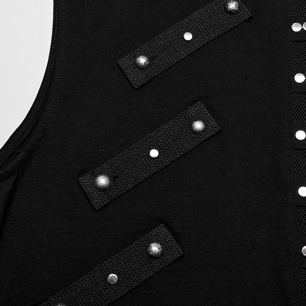 Close-up of a punk black sleeveless top featuring edgy studs and a stylish mesh design.