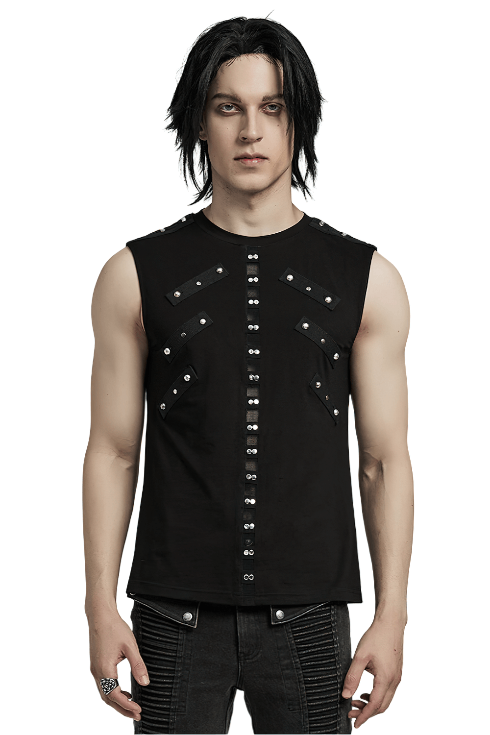 Punk black sleeveless rock top with edgy studs and rivets, perfect for bold fashion statements.